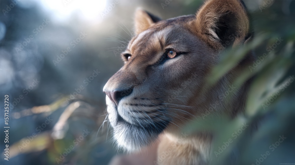 Fototapeta premium Majestic lioness gazing thoughtfully amidst lush foliage, showcasing her powerful presence and serene beauty in natural habitat. soft light enhances her striking features and captivating eyes