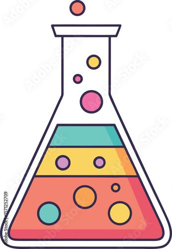 Colorful laboratory flask with layered liquids and bubbles science experiment