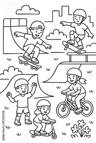 Black and white line drawing of children using skateboards scooters and bicycles in a skatepark with ramps and city buildings in the background. Fun urban scene for coloring and learning activities 