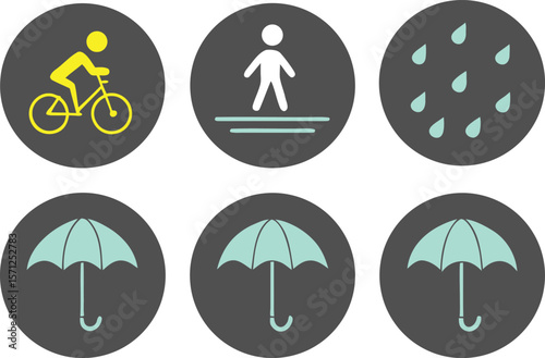 Cyclist pedestrian rain drops umbrellas bicycle yellow