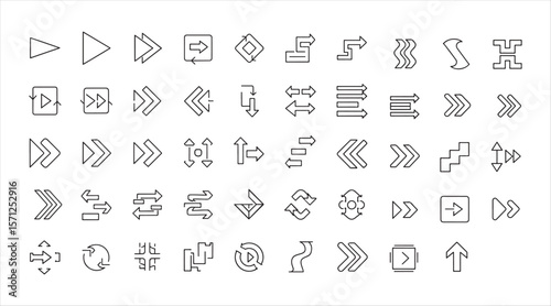 Vector line icon set featuring arrows, movement, progress, and navigation paths for infographics and UI.