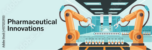 Biomed lab with robotic arms producing test drugs, pharmaceutical vector banner