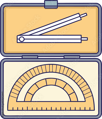 Geometric measuring tools in a case protractor compass