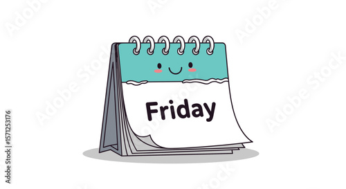 Adorable cartoon calendar page showing friday with a happy face and spiral binding