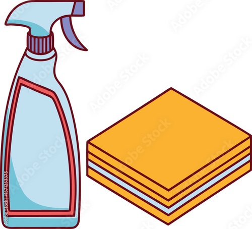 Light blue spray bottle and yellow cleaning cloths vector