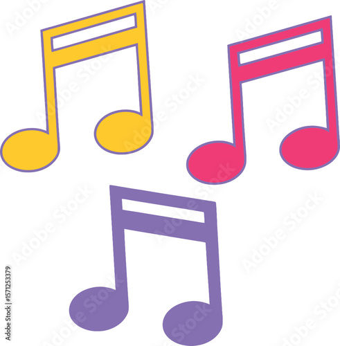Musical notes in yellow pink and purple with purple outlines vector
