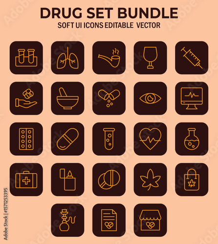 Comprehensive collection of medical and pharmaceutical icons for diagnostic procedures and healthcare assistance