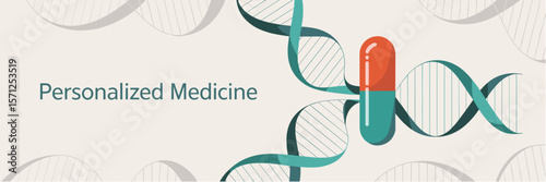 Personalized medicine concept DNA helix merging with a pill in medical vector banner