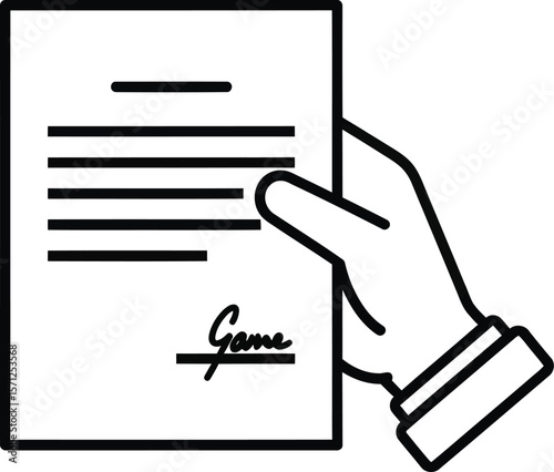 A hand is holding a document with a signature, symbolizing agreement and authorization