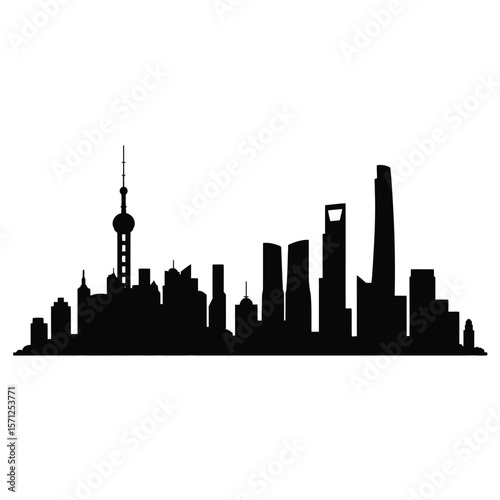 Black silhouette of the shanghai skyline with iconic oriental pearl tower and skyscrapers