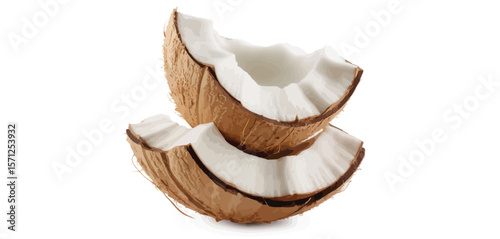Two halves of a fresh coconut with white flesh and brown husk isolated on white