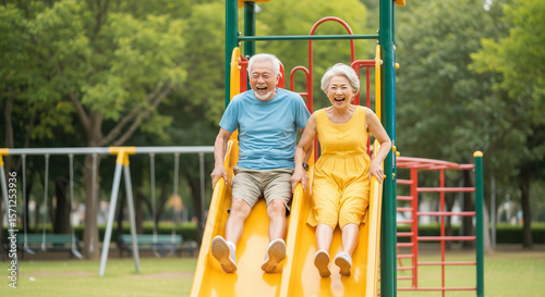 Joyful Elderly People Sliding Down a Playground Slide — Funny and Playful Senior Lifestyle with Soft Daylight in 16:9 Format