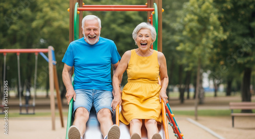 Joyful Elderly People Sliding Down a Playground Slide — Funny and Playful Senior Lifestyle with Soft Daylight in 16:9 Format