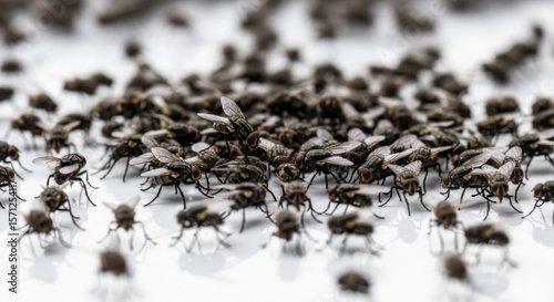 Swarm of Flies Gathering on a Surface in Macro Photography