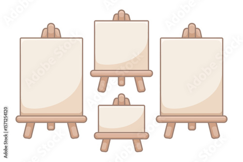 Four blank canvases on wooden easels in various sizes and orientations
