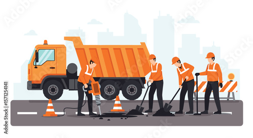Road construction workers repairing asphalt pavement with heavy equipment and safety cones