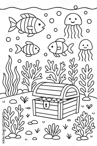 Fun underwater scene with tropical fish, smiling jellyfish, coral reef, and a treasure chest full of gold. 