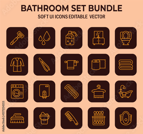 Linear bathroom icons set showcasing essential elements for personal hygiene and home cleanliness applications and