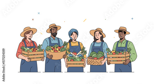 Diverse farmers proudly displaying freshly harvested organic vegetables and fruits