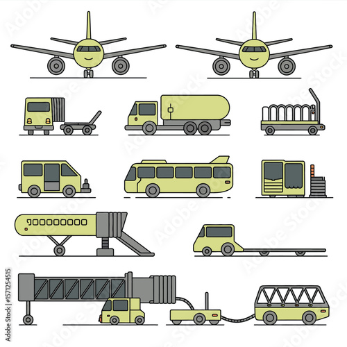 Collection of airport vehicles and aircraft equipment in a flat design style