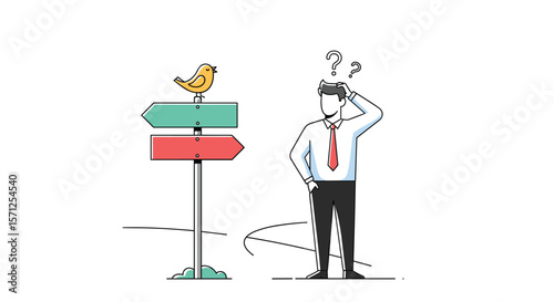 Confused man stands before directional signs with bird perched on top seeking guidance for decision making path choice dilemma