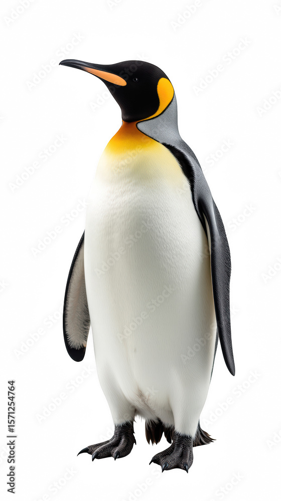 Fototapeta premium Majestic penguin stands upright, showcasing its distinctive black and white feathers with vibrant orange and yellow throat. This elegant bird