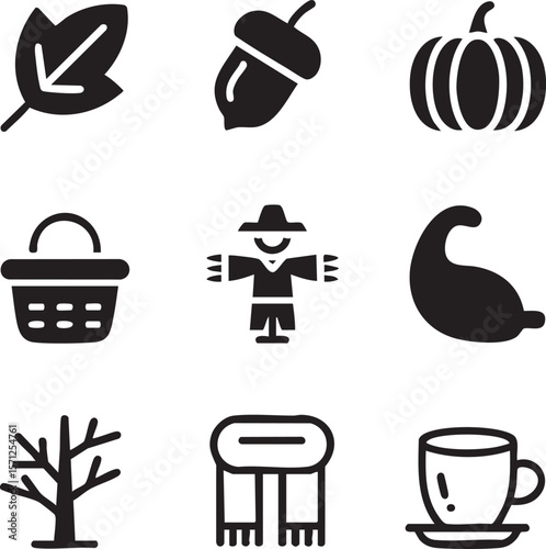 Autumn harvest and thanksgiving elements in a minimalist style icon set with pumpkin acorn and seasonal decoration