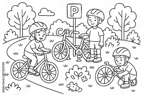 Black and white illustration of children riding bicycles and parking them in the park Fun outdoor scene with helmets bike rack and nature elements. Perfect for coloring activities and worksheets 
