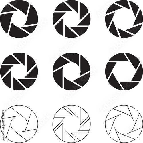 Aperture diaphragm black and white icon set for photography camera lens illustration collection of creative shutter symbol designs