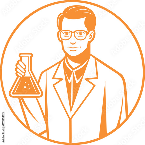 Scientist holding flask with bubbles wearing glasses and lab coat vector