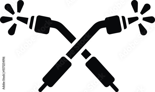 Two crossed welding torches with sparks represent the industrial process of metalworking