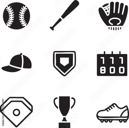 Baseball game elements black and white vector icon set featuring ball bat glove cap plate scoreboard trophy and shoe