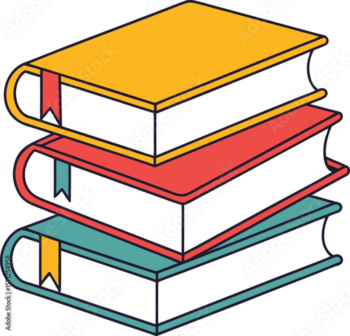 Stacked books with colorful covers and bookmarks reading learning