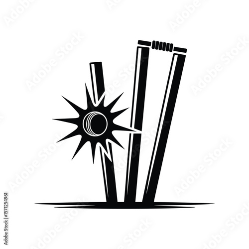 Cricket ball hitting wickets with starburst effect in black and white