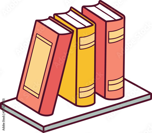 Three coral and yellow books standing on a shelf reading