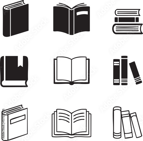 Black and white book icon set featuring open and closed books in various stacks and poses depicting reading