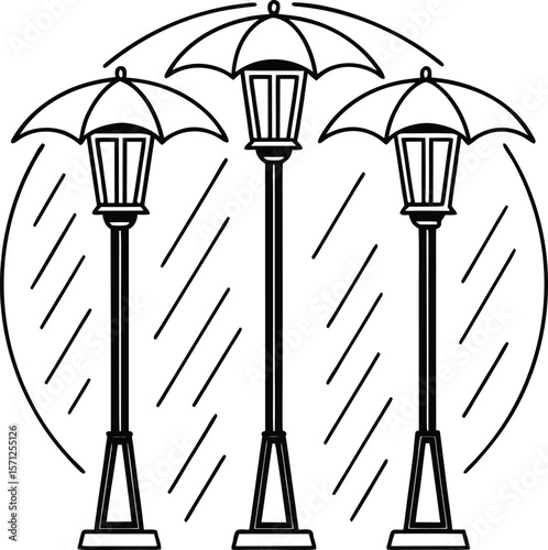 Three street lamps under umbrellas with diagonal lines rain protection