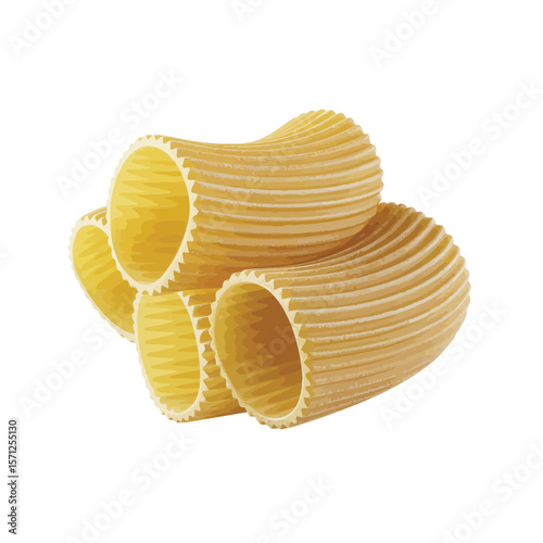 Close up of ribbed rigatoni pasta tubes against a white background