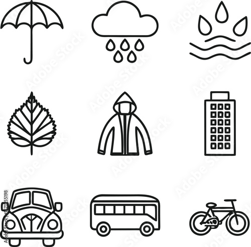 Umbrella cloud rain drops leaf jacket building car bus bicycle vector