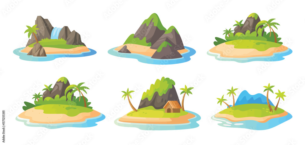 Naklejka premium Collection of six tropical island landscapes with palm trees and mountains