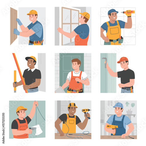 Diverse construction workers performing various renovation and building tasks with tools