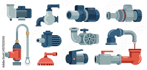 Collection of various water pumps and plumbing components in a flat design style