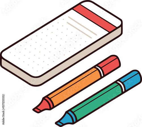 White notepad with red accent and colorful markers eraser orange