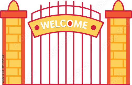 Welcoming gate with red bars and yellow brick posts welcome