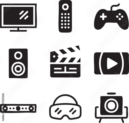 Black and white entertainment and media glyph icon set featuring tv remote gamepad speakers and more
