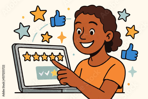 Cartoon woman giving five-star ratings on a laptop with thumbs-up and stars, symbolizing customer feedback, online reviews, and satisfaction. Ideal for e-commerce, user experience, and digital ratings
