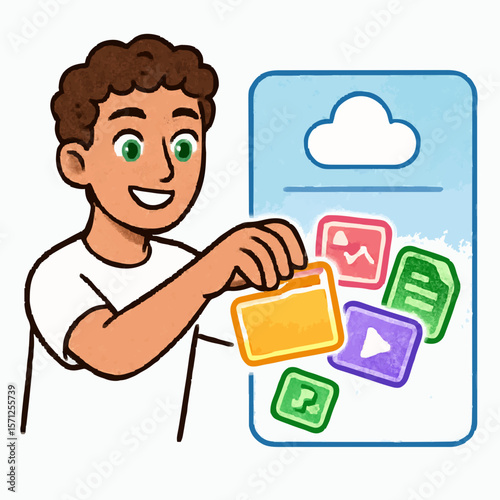 Cartoon man accessing a cloud storage with a folder and files, symbolizing cloud computing, data management, and online storage. Perfect for tech innovation, digital organization, and cloud technology