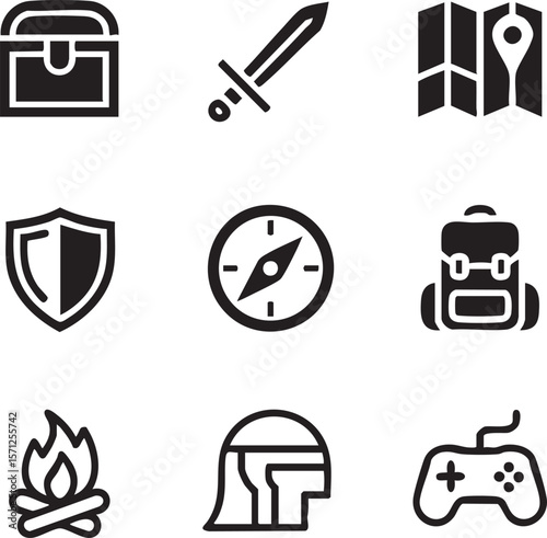 Black and white game adventure icon set featuring treasure sword map shield compass backpack fire helmet gamepad