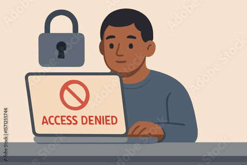 Cartoon man facing a laptop with "ACCESS DENIED" and a lock icon, symbolizing cybersecurity, access restrictions, and data protection. Ideal for network security, digital privacy, and error message 