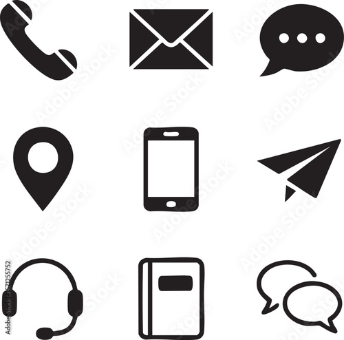 Black and white contact methods icon set representing communication channels for customer support and connection networks